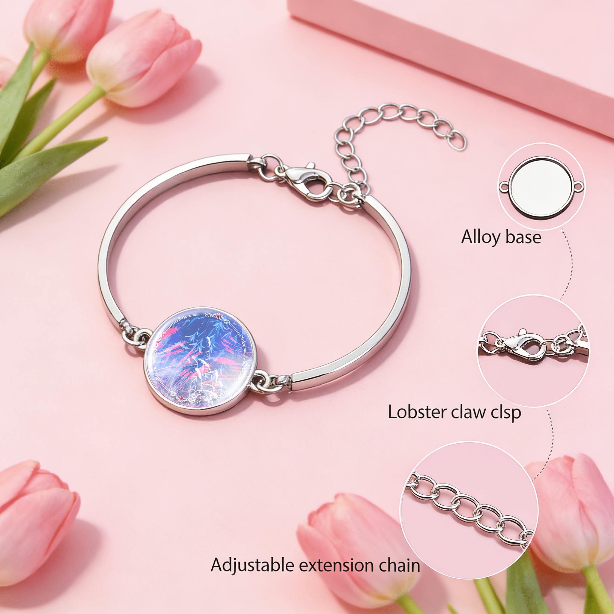 Women's Adjustable Bangle with Round Time Gemstone Inlaid Design